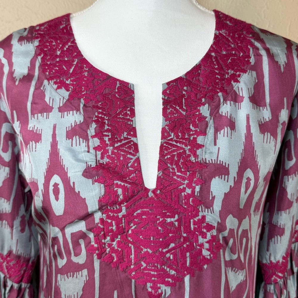 Silk Ikat Gray/Magenta Embroidered Tunic with Bell Sleeves  Boho Gypsy - Picture 3 of 7